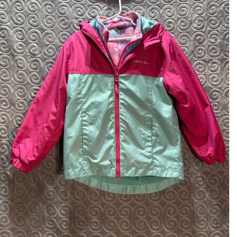 Eddie Bauer Kids Girls Jacket Pink Teal Reversible Fleece Lined Hooded XS‎ 5-6